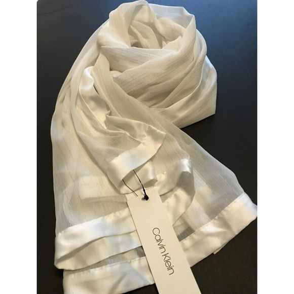 Calvin Klein Sheer & Satiny Scarf, Off-white metallic pinstripe, Rectangular - Picture 2 of 9